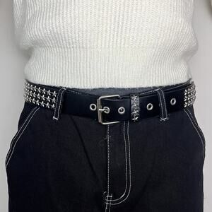 y2k style round studded vegan leather black and silver star studded grunge belt